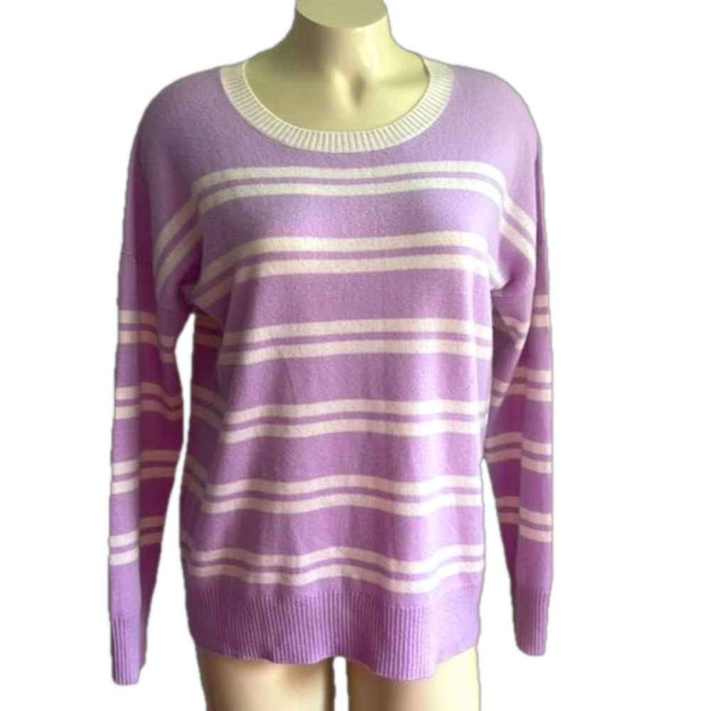 IN Cashmere 100% Cashmere lilac/ white striped crew neck sweater SM as is(hole )